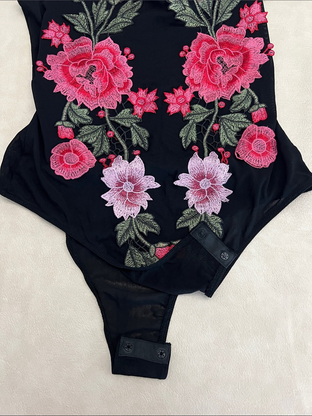 TOP CHIC Black Mesh Floral Embroidered Bodysuit with Pink Roses - Picture 8 of 13